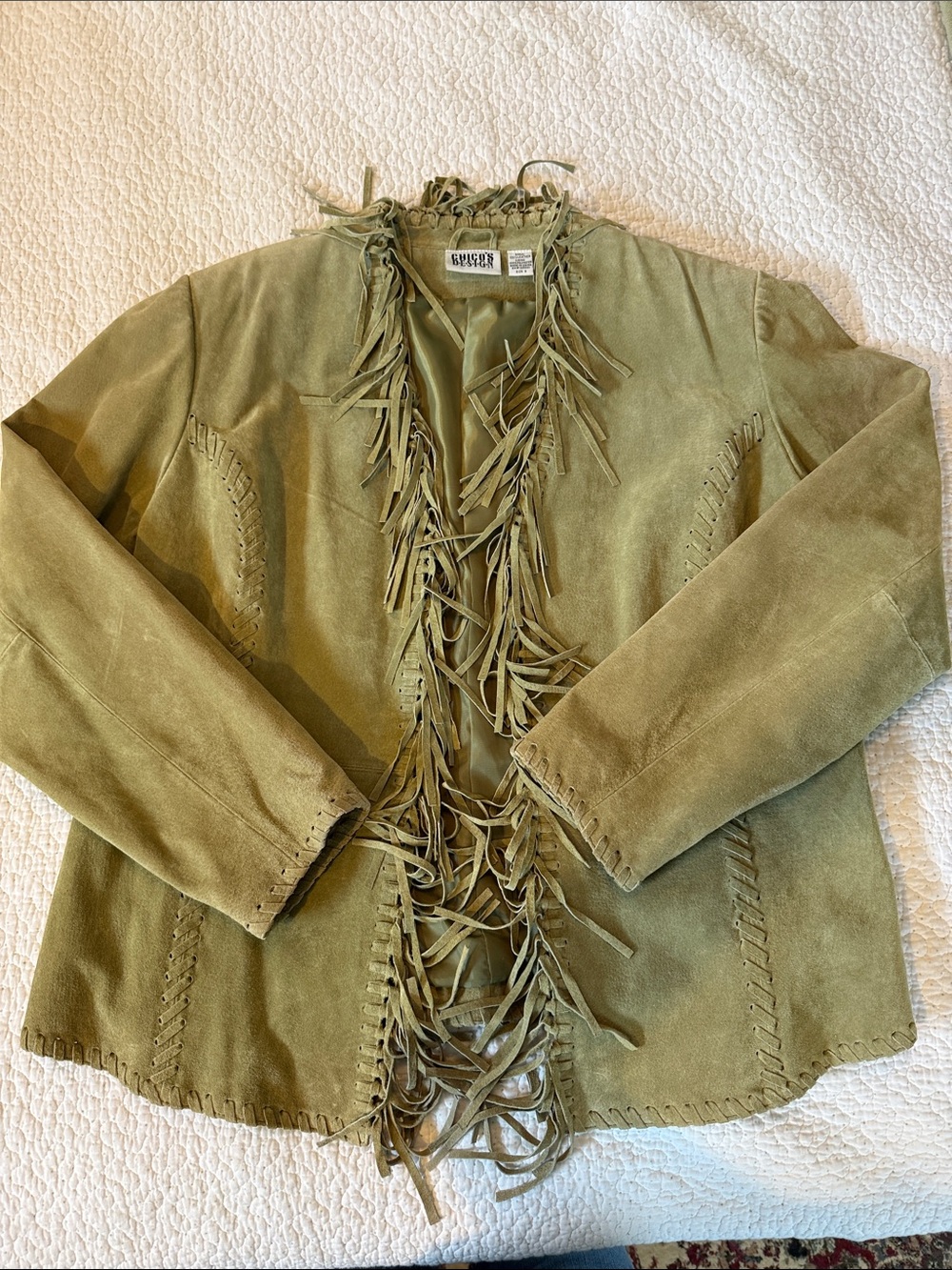 Chico's Vintage Olive Green Suede Fringe Jacket